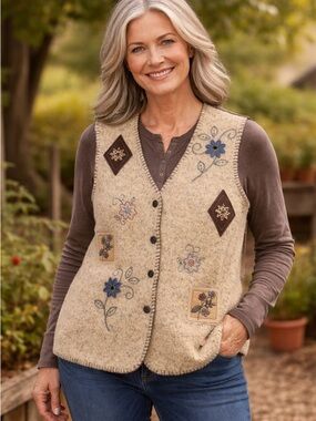 Alfred Dunner Floral Embroidered Vest Small Boho Cottagecore